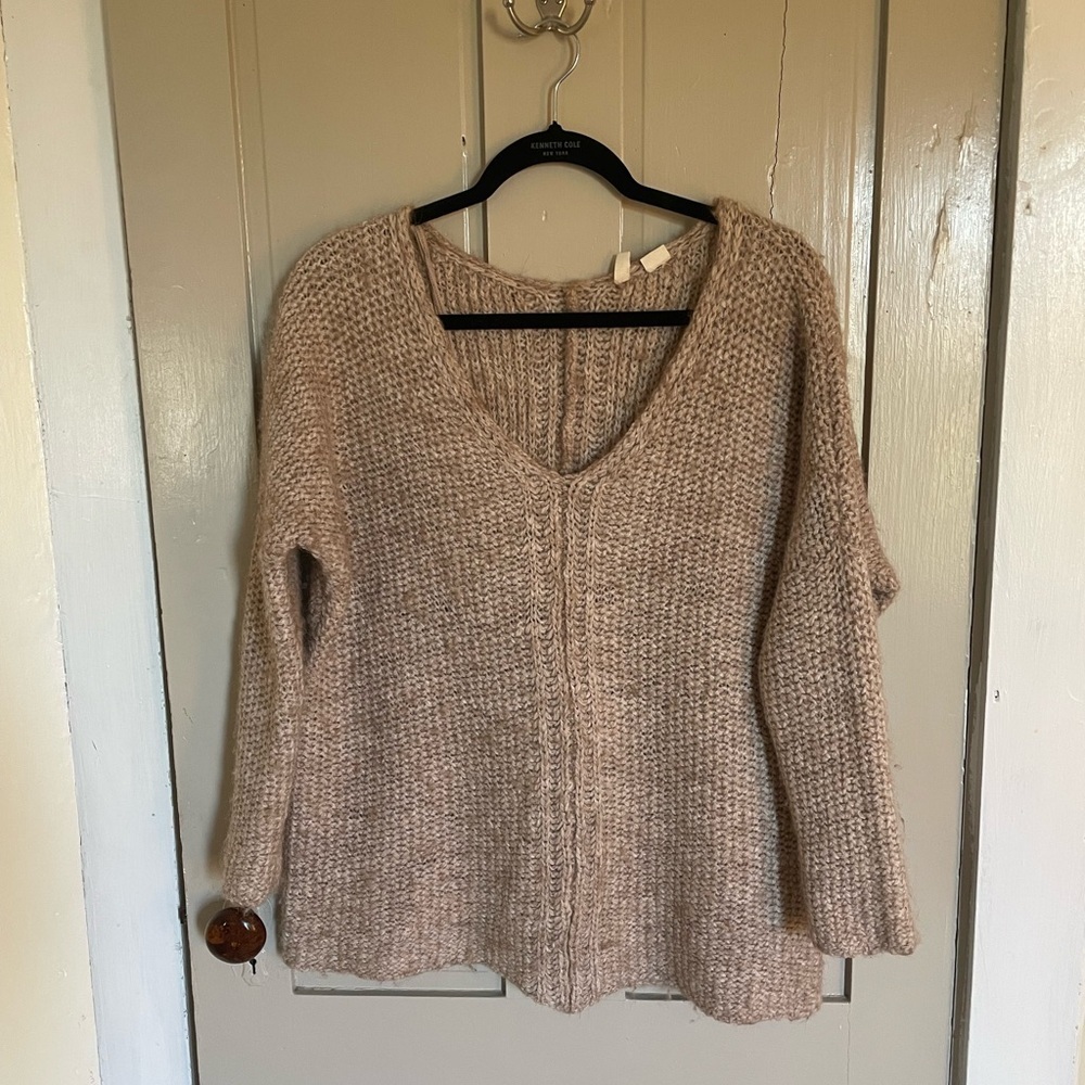Moth Tan V-Neck Sweater with Chunky Knit Oversized Soft Comfy Flowy Cute Luxury - Picture 2 of 14